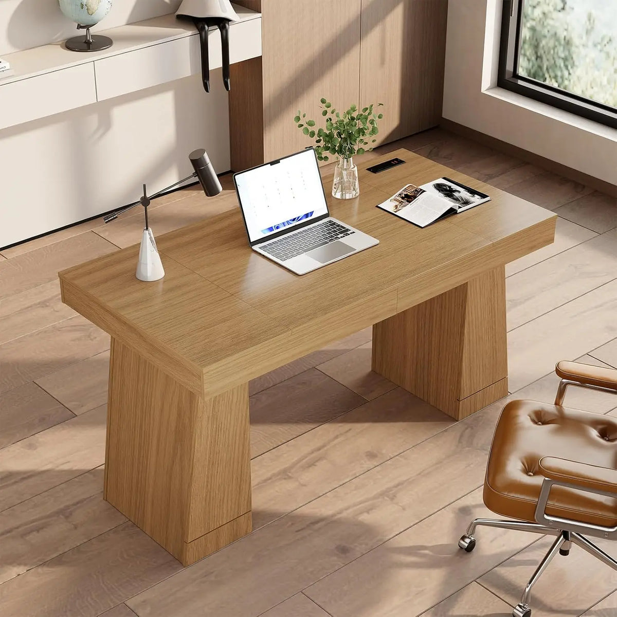55 Inch Executive Desk With Power Outlets, USB A/C, Hidden Cabinet, Modern Home Office Computer Table, 3 Finishes, 400LB MDF Top