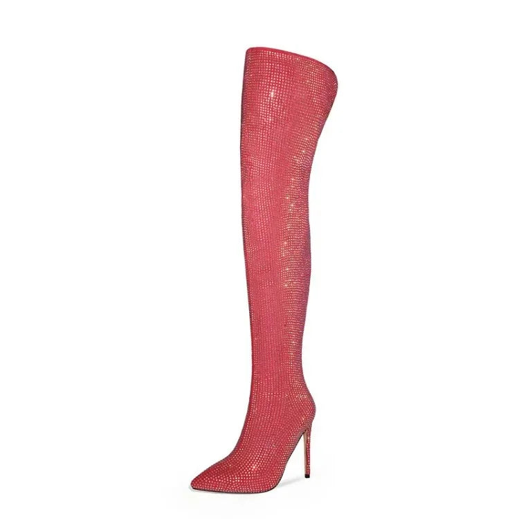 Silver Black Rhinestone 12cm High Heel Long Boots New Fashion Show Shiny Diamond Pointed Women's Over The Knee Boots Size 34-46