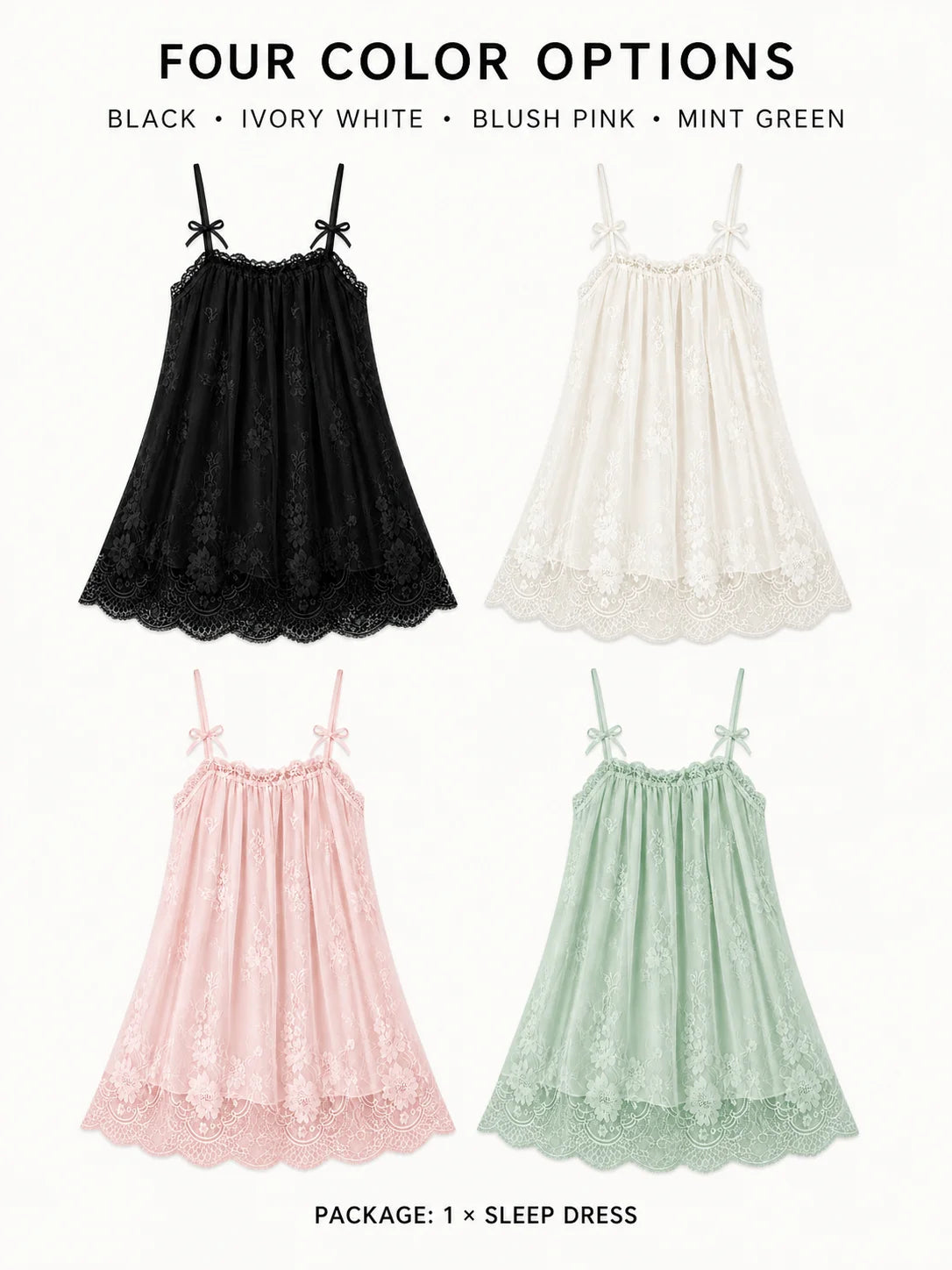 Women's Floral Lace Bow Strap Sleep Dress, Short A-Line Babydoll Nightgown, One Size Loungewear in Black White Pink Green