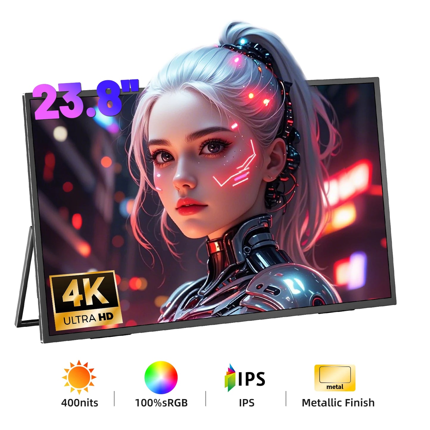 SIBOLAN 23.8" 4K Portable Monitor UHD 3840*2160 100%sRGB External Gaming Screen USB C LS Stand VESA for Mini PC Laptop MAC