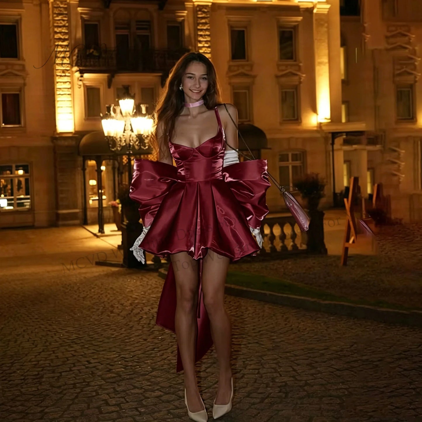 Shiny Short Pink Prom Dress Bow Back Spaghetti Strap Mini Party Dresses A-Line Satin Birthday Dress For Woman 2026 Customized