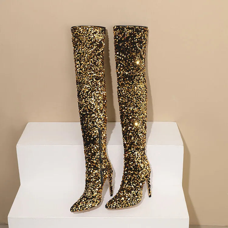 Over-the-Knee Boots for Women Pink Sequins Point Toe Boots Thin High-heeled Purple Thigh Long Boots Sexy Zip Heels Stiletto Shoe