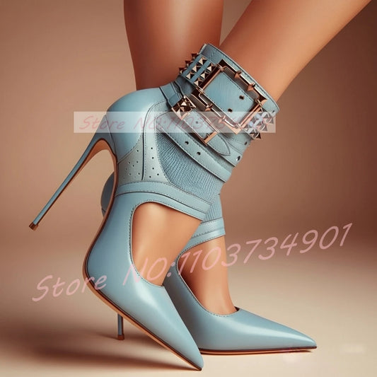 Studded Buckle Strap Cut-Out Sandal Boots Women Splicing Pointy Toe High Heels Blue Leather Ankle Boots Lady Edgy Luxe Footwear