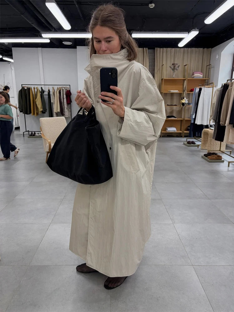Women Khaki Long Color-block Stripe Trench Coat Wide Lapel Loose Drop Shoulder Blue Lining Slit Windbreaker Commute Outing Coats