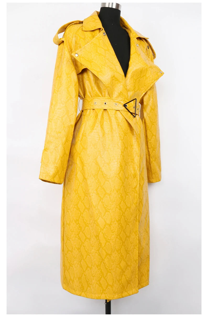 Nerazzurri Spring Autumn Long Oversized Colorful Snakeskin Print Patent Leather Trench Coat for Women Belt Runway Fashion 2022