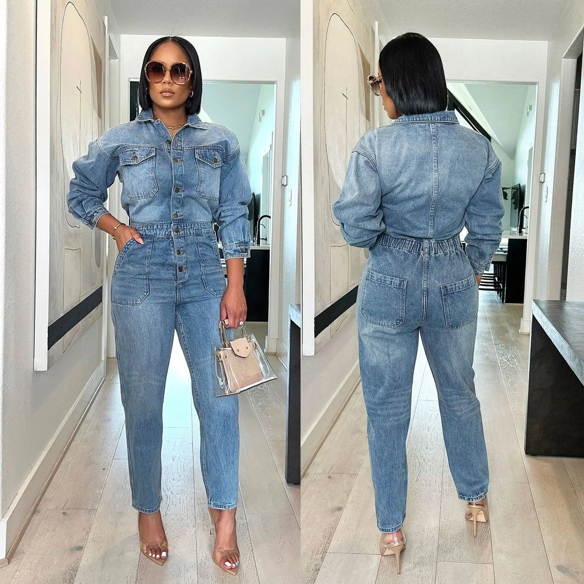 Winter Autumn Jeans Stretch Jumpsuit Sexy Women Turn Down Collar Elegant Denim Straight Romper Overalls