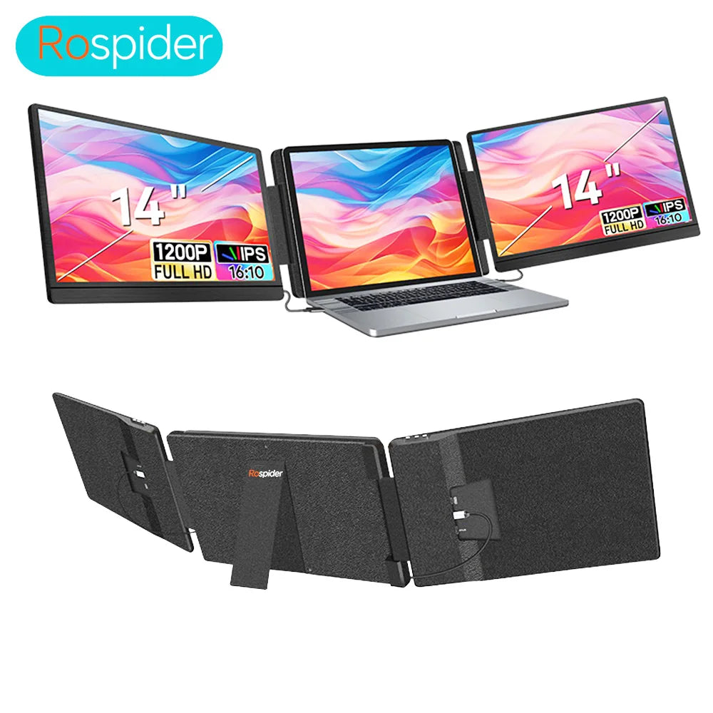 Rospider 14 Inch Portable Dual IPS Laptop Monitor Extended High-Definition Triple Expandable PC LCD Screen Extender