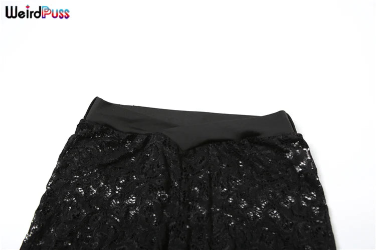 Weird Puss See Through 2 Piece Set Women Sexy Hollow Jacquard Backless Bodysuit+Leggings Tight Activity Clubwear Skinny Outfits