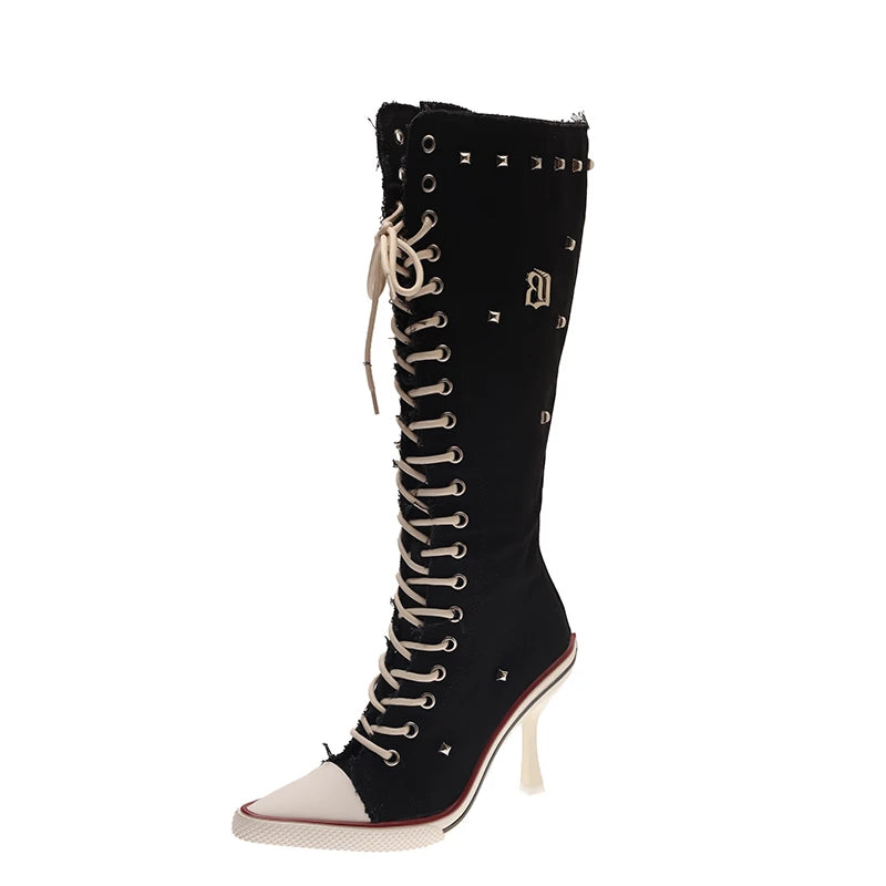 2026 Fashion Trendy Pointed Toe High Heel Women's Knee High Boots New Printed Rivet Decor Lace Up Design Casual Women Shoes