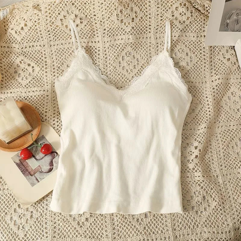Women Sexy Padded Camisole Lace Back Seamless Tank Top V Neck Spaghetti Strap Vest Breathable Casual Base Layer Underwear