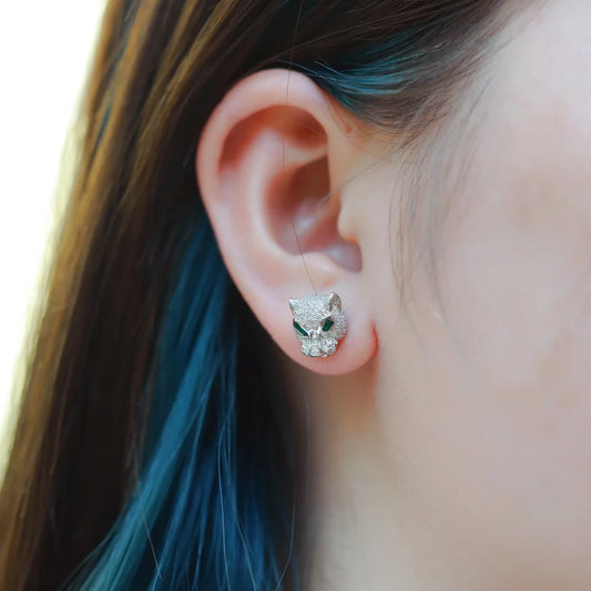 ALLNOEL 100% 925 Silver Stud Earrings For Women Leopard Head Green CZ Eye Panther Animal Jewelry Hip Hop Punk Gift Wholesale