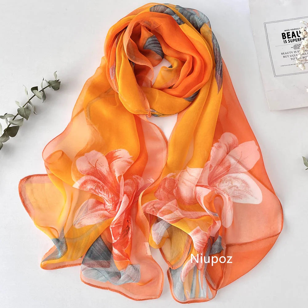 Gradient Lily Print Pretty Women Elegant Chiffon Georgette Bandana Scarf Summer Beach Sunscreen Thin Shawl