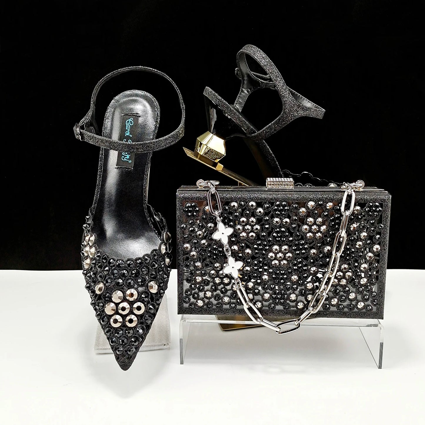 Party Style African Women's Shoes Bags Rhinestone Embellished Pointed Toe Cutout Heels Square Clutch Bag