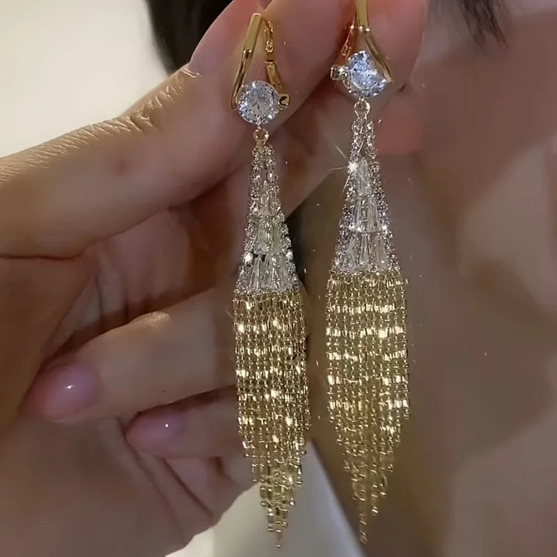 Luxury Cubic Zirconia Long Tassel Golden Earrings for Women Exquisite Water Drop Earring Wedding Party Valentine's Day Gifts