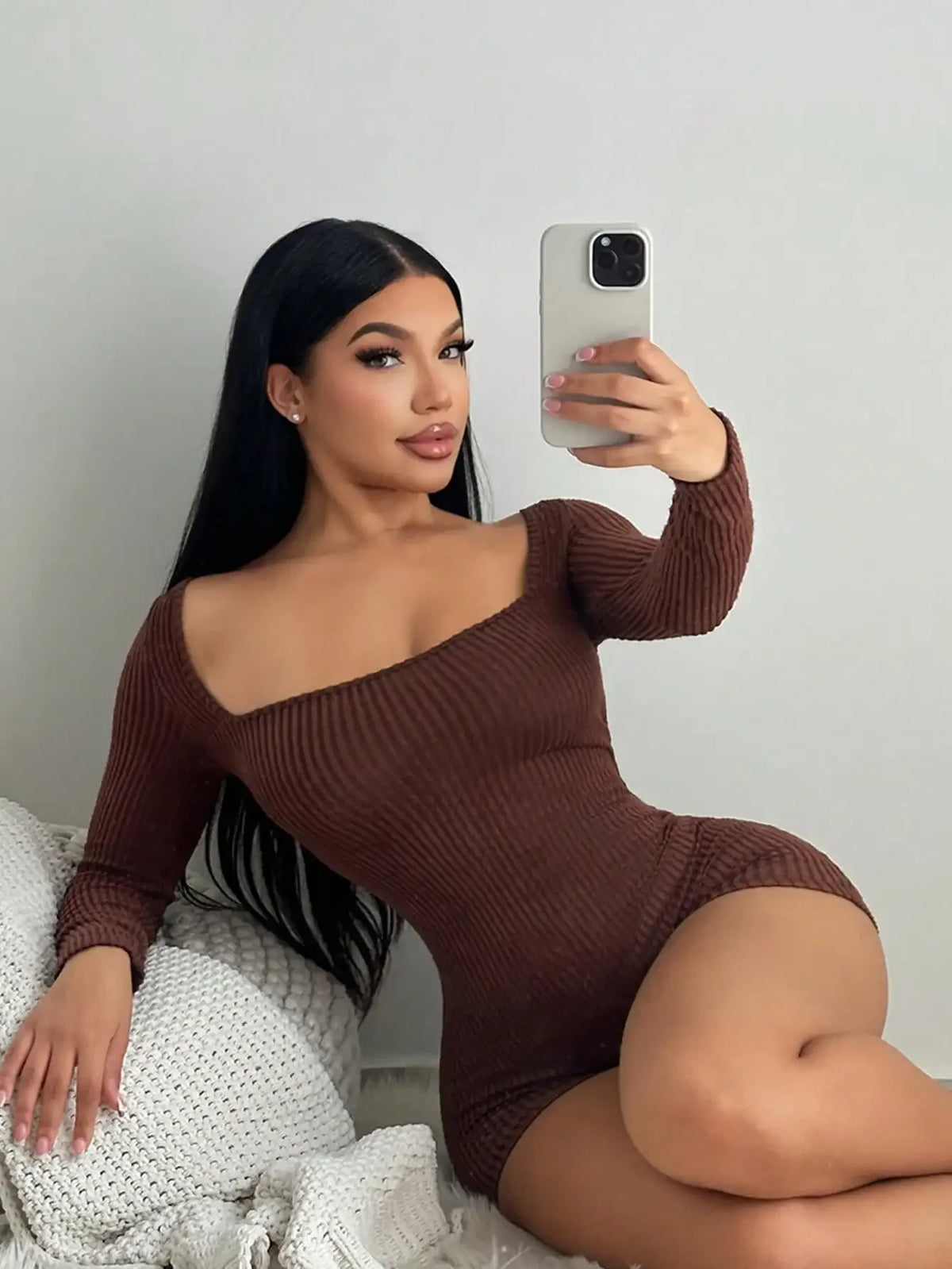 Fashionable Sexy Square Neck Solid Color Long Sleeve Slim Fit Ribbed Onesie Pants
