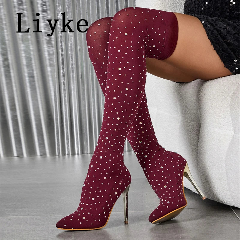 Liyke Sexy Pointed Toe Crystal Rhinestone Stretch Fabric Thigh High Boots Women Thin Heels Over The Knee Socks Shoes Size 35-43