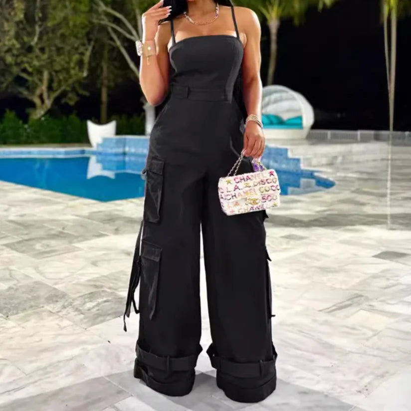 Jumpsuits Women One Piece Cargo Pant Wide Leg Long Pants Loose Casual Sling Sleeveless Overalls Y2k Strapless Solid Rompers