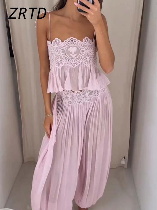 Beach Lace Hollow Out Women's Summer Pants Sets Lace Up Backless Spaghetti Strap Crop Top Loose Pleated Lantern Pant 2026 Suit