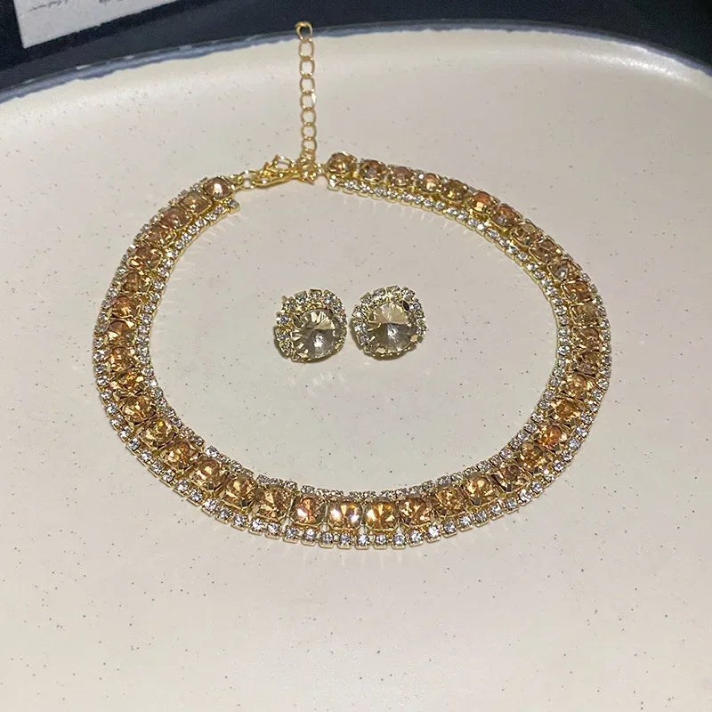 FYUAN Luxury Crystal Necklace Earrings Set Pink ABcolourful Necklace for Women Weddings Party Jewelry Sets Accessories
