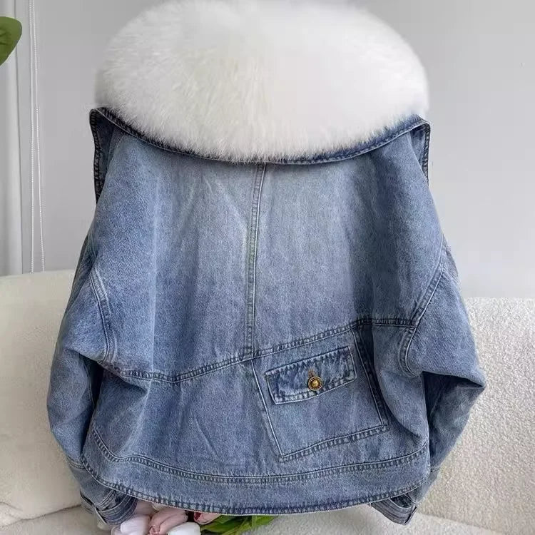 Winter Thickened Short Denim Jacket Fashion Parkas Jeans Jacket Luxury Fur Coat Removable Fur Collar Cotton Jacket New