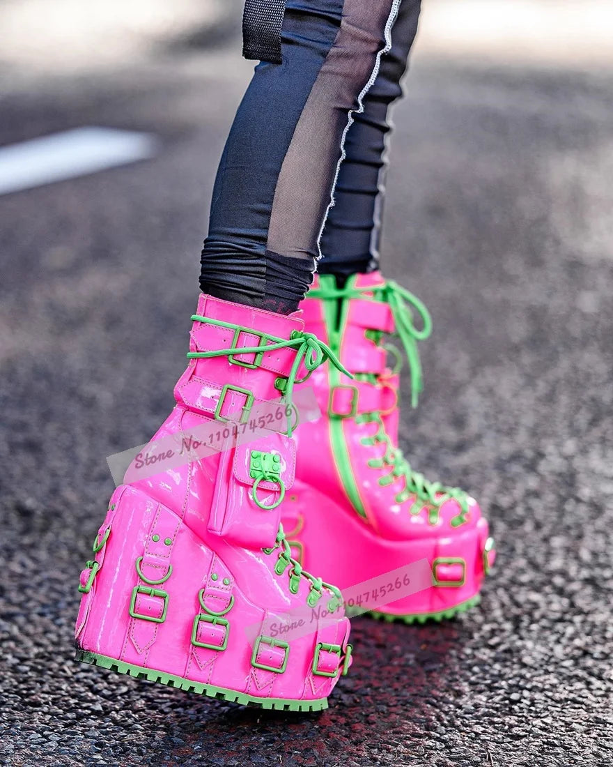 Fuchsia Patent Leather Wedged Lace-Up Ankle Boots Green Buckle Straps Metal Decor Booties Hgih Platform Pocket Nightclub Shoes