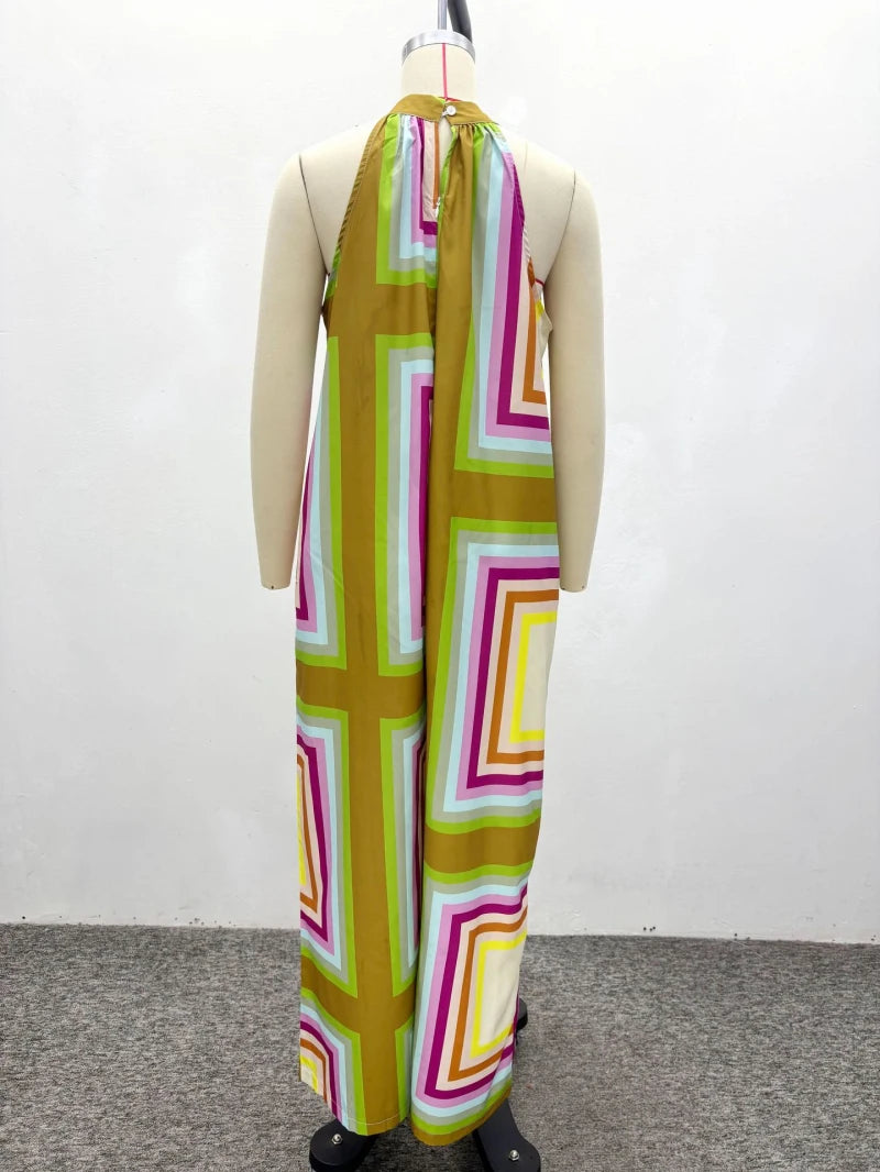 New Design African Fashion Women Jumpsuit Summer Geometric Printed Halter Sleeveless Wide Leg Jumpsuits Oufits Streetwear
