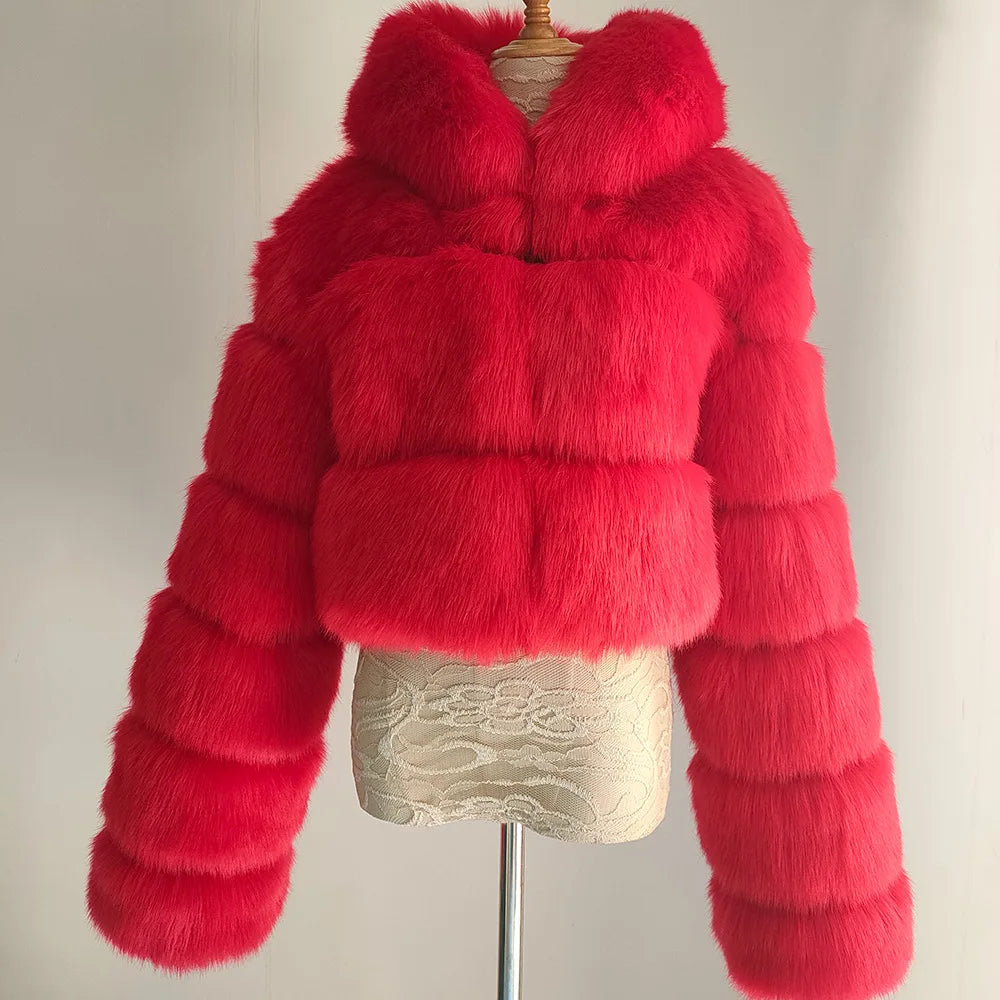 2026 Women Winter Plus Size Faux Fur Croped Coat Female Furry Hooded Long Sleeve Plush Jacket Lady Fake Fur Warm Fluffy Cardigan