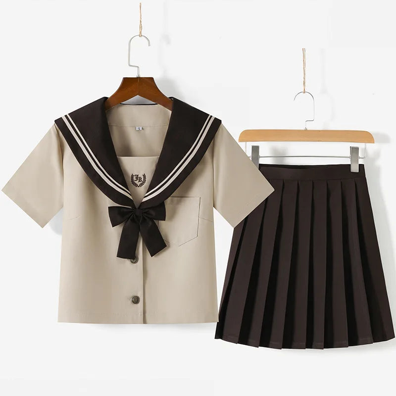 JK School Uniform Set Sailor Suit with Pleated Skirt Milk Tea Color Jk Outfit