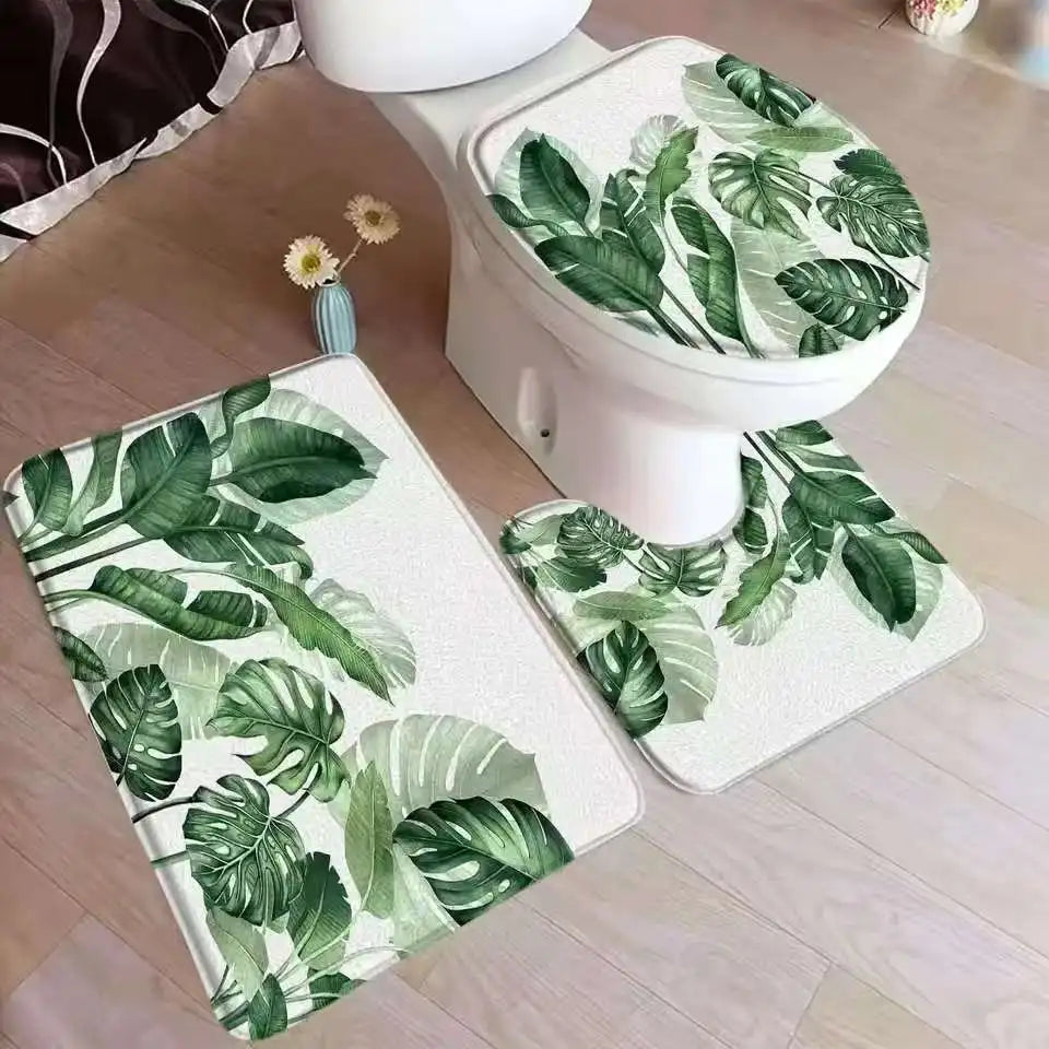 VIKAMA Tropical Leaves Bath Mat Set Palm Leaf Monstera Green Plants Home Carpet Flannel Bathroom Floor Rugs Toilet Lid Cover