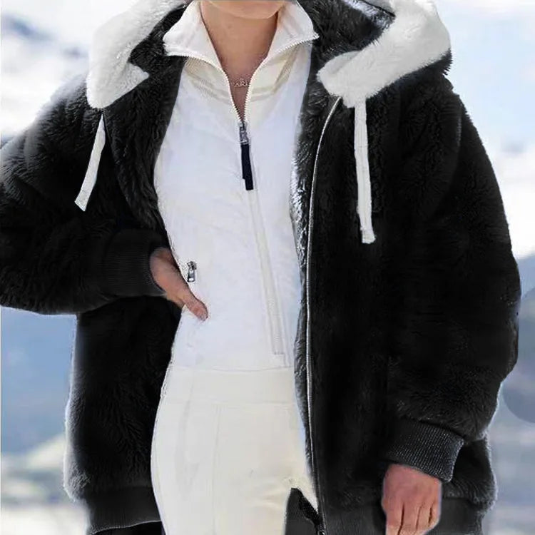 Women's Plush Hooded Drawstring Coat Autumn Winter Fashion Casual Zipper Long Sleeve Pocket Solid Color Ladies Jacket