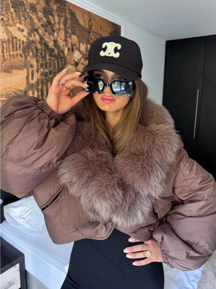 Winter Female White Duck Down Jacket Luxury Loose Short Fashion Casual Women Warm Real Fox Fur Coat Long Sleeve Puffer Jacket