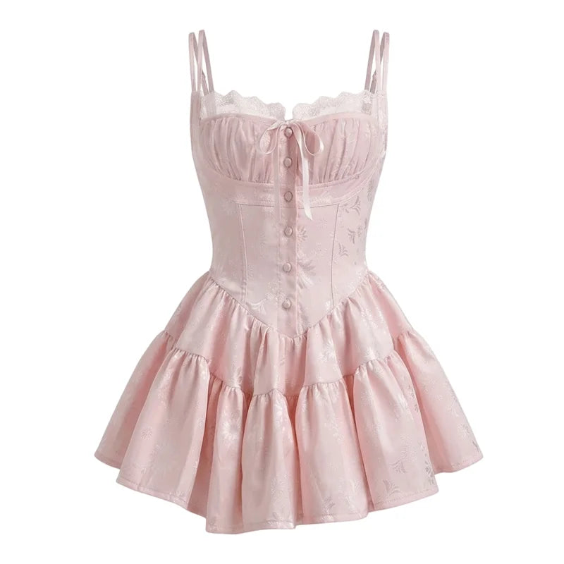 ReddaChic Summer Mini Pink Dress Floral Satin Rompers Cutecore Lace Stitch Spaghetti Strap Corset Dress Coquette Women Clothes