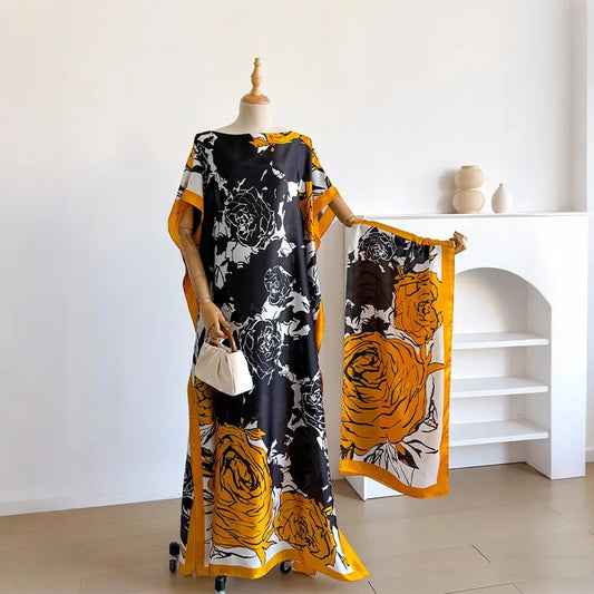 Ladies Scarf New Dubai Fashion Print Design Women Long Dress 2026 Summer Beach Party Loose Dress Silk Soft African Abaya MOOMOO