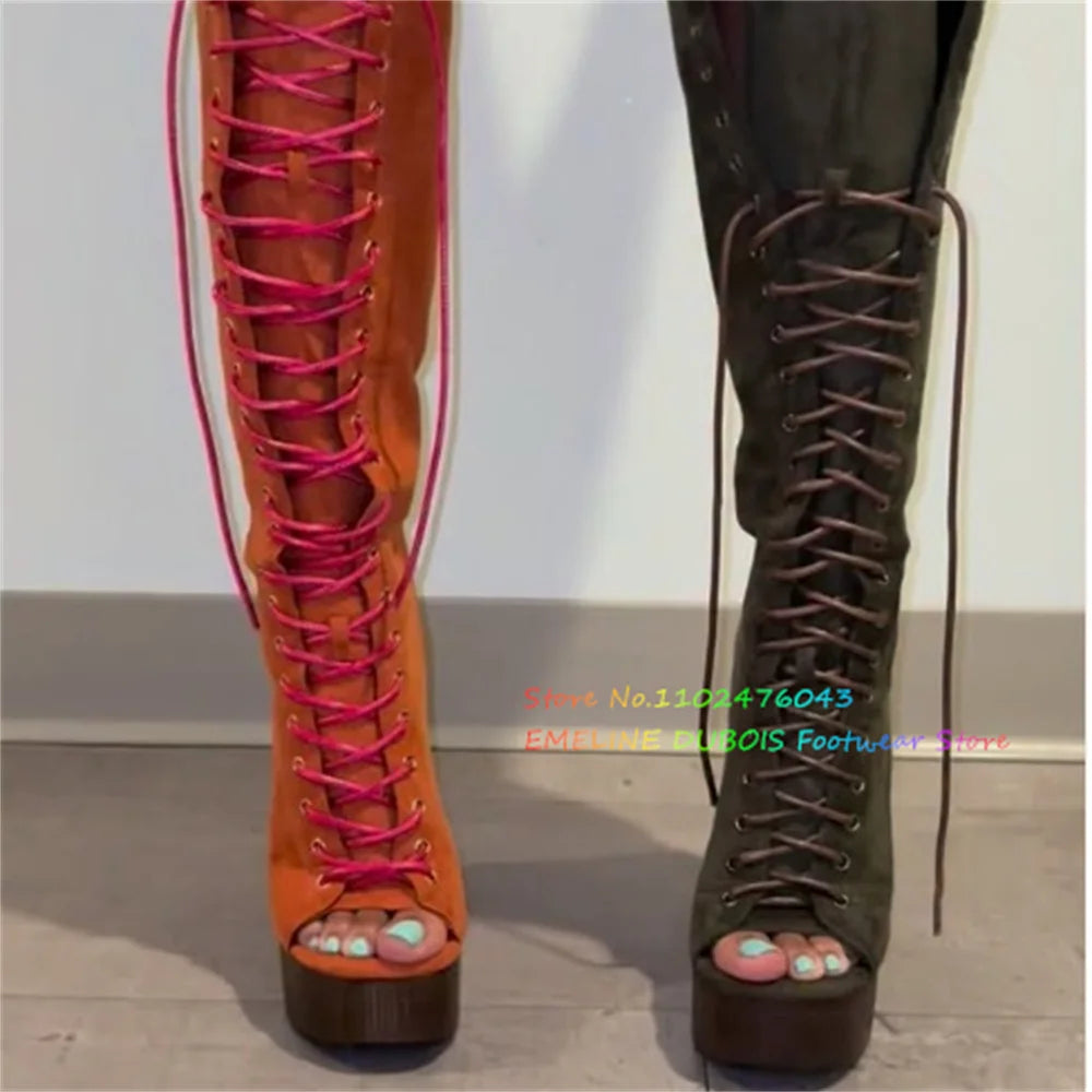 Orange Thick Bottom Slope Heel Hot Girl Strap Sexy High Heels Women Open Toe Platform Wedge Heel Color Patchwork Knee High Boot