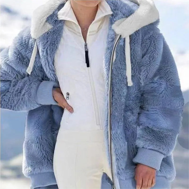Women's Plush Hooded Drawstring Coat Autumn Winter Fashion Casual Zipper Long Sleeve Pocket Solid Color Ladies Jacket