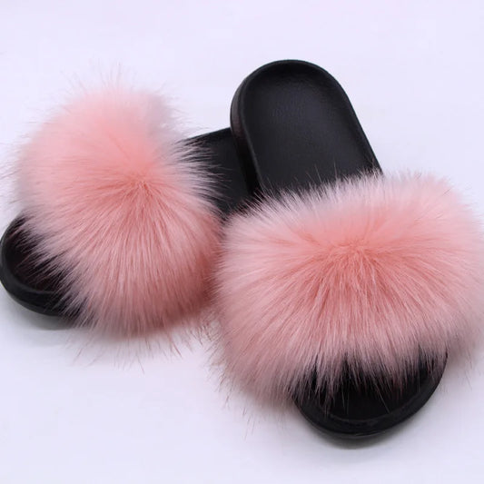Women's Faux Fox Fur Slides Fluffy Open Toe Slippers Indoor Outdoor Casual Flat Sandals Luxury Furry Slide Shoes for Ladies
