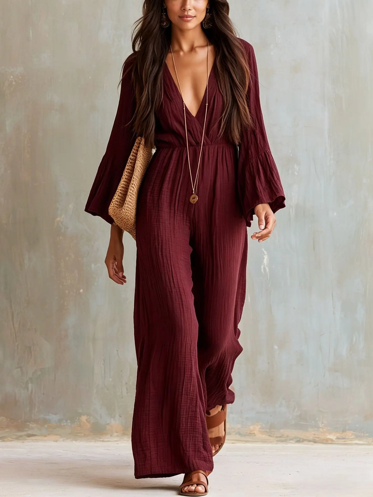Women Sexy Deep V Neck Flare Sleeve Jumpsuits Spring Autumn Solid Crinkle High Waist Loose Casual Holiday Wide Leg Pants Romper