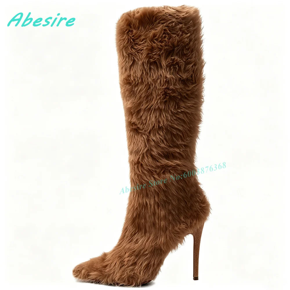 White Faux Fluffy Fur Knee High Boots Pointed Toe Stiletto Heels Side Zipper Women's Boots Spicy Girls Fashion Show Winter Shoes