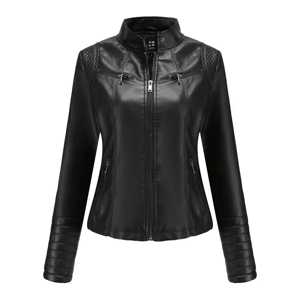 2026 Women's Bright Red V-neck Leather Jacket, Fashion Slim PU Coat, Black Short Outerwear Asia Size XS S M L XL XXL