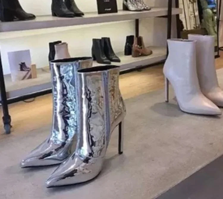 Design Ankle Boots Women Fashion Zipper Pointed High Heels Gold Silver Patent Leather Short Booties Shoes Catwalk Shoes