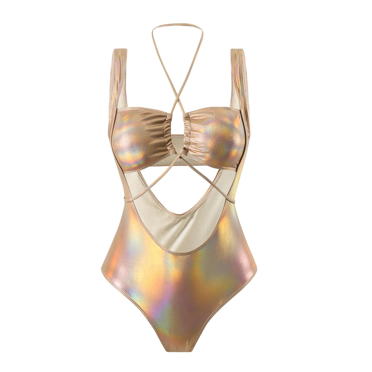 Sexy Glitter Metallic Halter Swimsuit One Piece Hollow Out Tie Bikinis Swimwear Bodysuits Women Biquini Bathing Suits Tankini