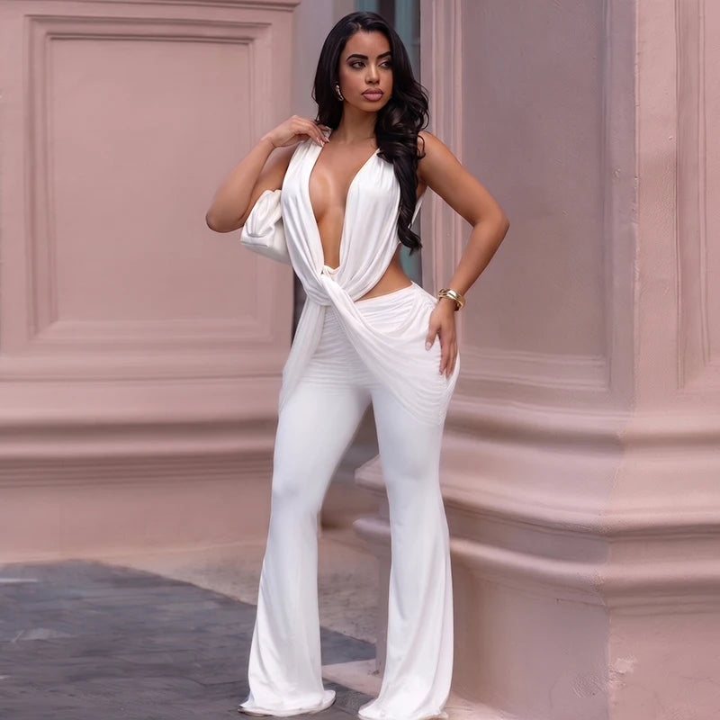 Sexy hot girl solid color layered hanging feeling low neck sleeveless jumpsuit pants