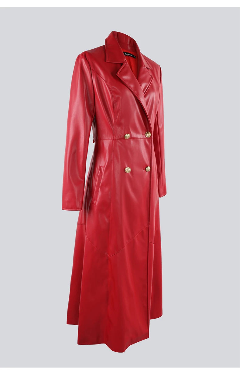 Nerazzurri Extra Long Red Black Pu Leather Trench Coat for Women with Gold Button Double Breasted Luxury Elegant Chic Overcoat