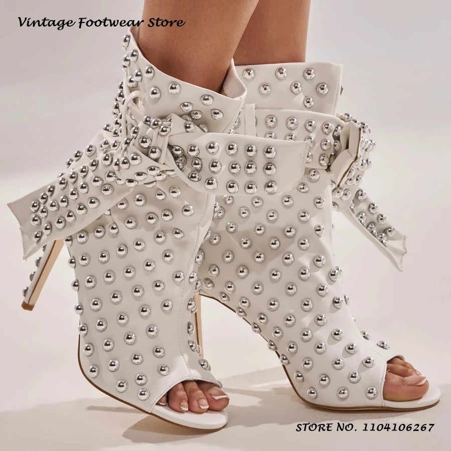 Studded Embellished Summer Boots Chic Round Open Toe Thin Heels Party Outfits Shoes Women's Fashion Casual Lace-up Ankle Boots