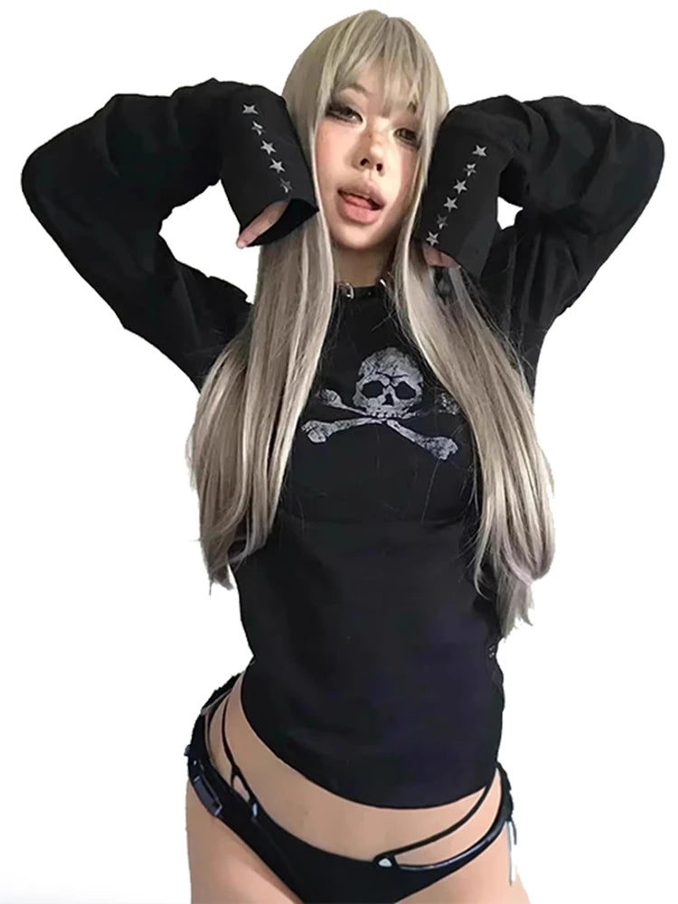 Retro Dark Style Long Sleeve T-Shirt round Neck Skull Print Decorated Buttons Spice Girl Theme American Fashion 2026 New