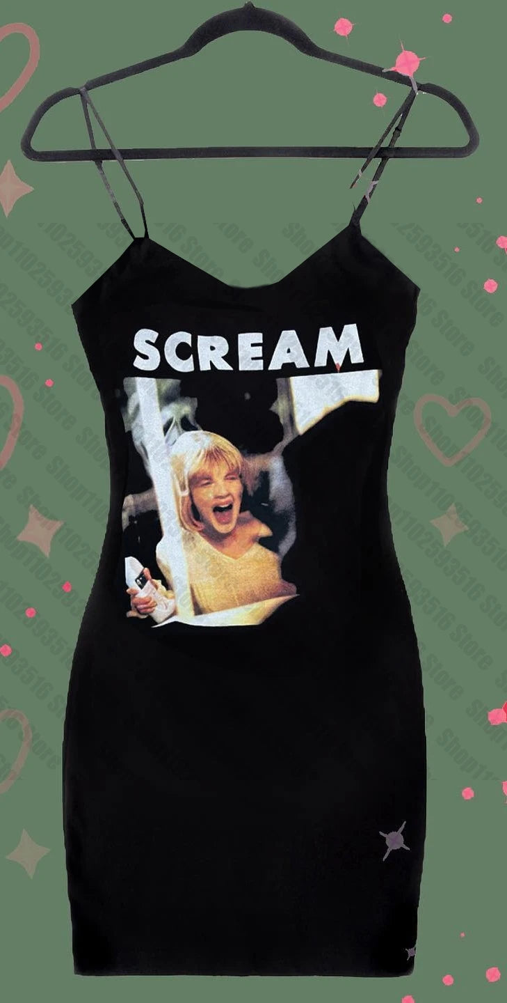 Y2K Harajuku American retro emo girl mini dress Goth grunge punk aesthetic geometric print suspender dress sexy slim chic outfit