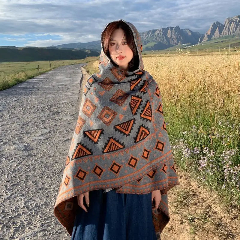 GypsyLady Bohemian Vintage Chic Cloaks Capes Hooded Blue Women Autumn Warm Knitted Ethnic Capes Tassels Cloak Poncho Outwear New