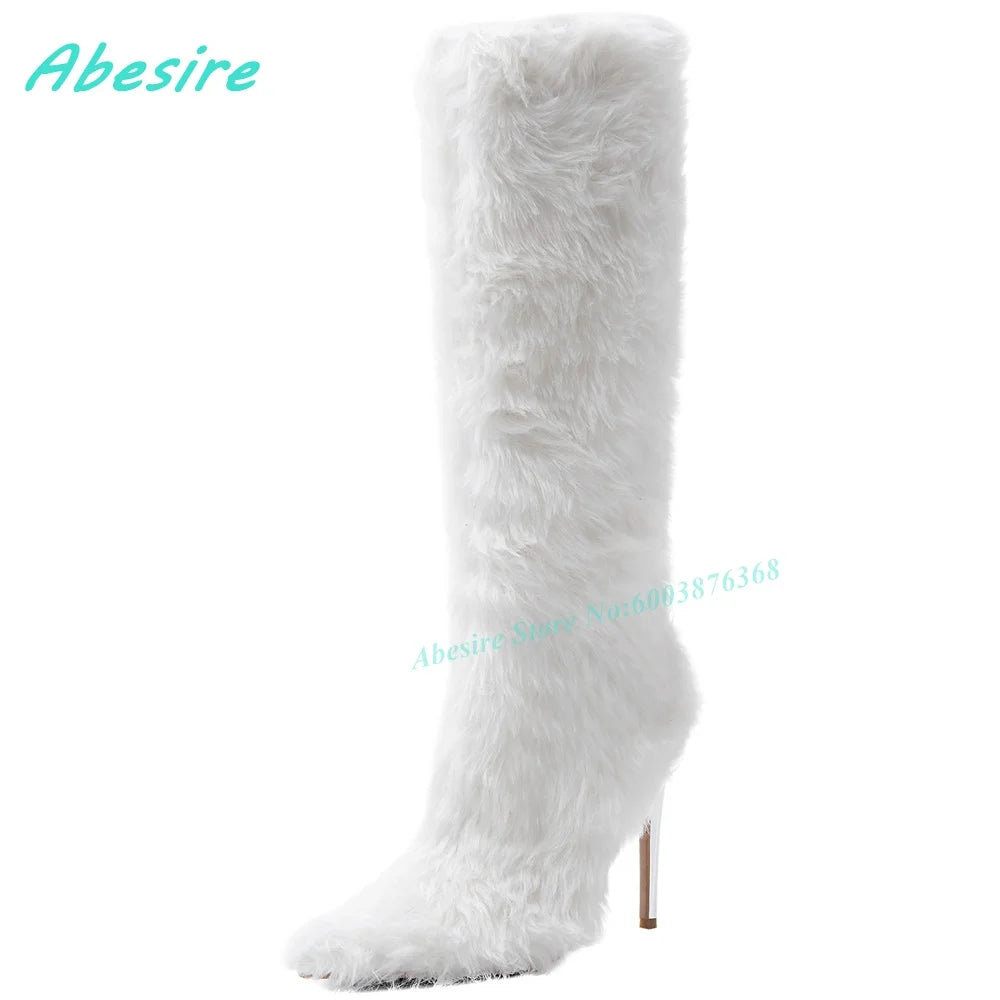 White Faux Fluffy Fur Knee High Boots Pointed Toe Stiletto Heels Side Zipper Women's Boots Spicy Girls Fashion Show Winter Shoes