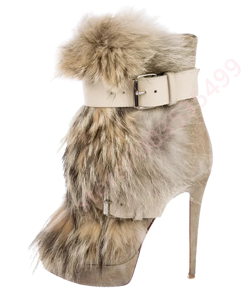 Winter Platform Belt Buckle Soft Fur Short Boots Fashion Show Party Casual Furry Boots New Sexy Women's Stiletto Warm Boots