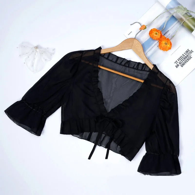 Spring, Summer, and Autumn Chiffon Lace Up Shirt, Shawl, Camisole, Thin Design, Sexy Solid Color, Loose Fit, Sweet Matching, Wed